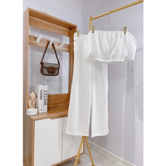 Set đũi trắng áo bẹt vai quần ống rộng đi biển siêu xinh hàng loại 1
