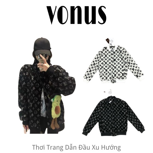 Áo khoác bomber nam nữ cao cấp I Áo bomber lông hoa tiết LV sang trọng I Áo 2 lớp cực ấm I Vonus013.