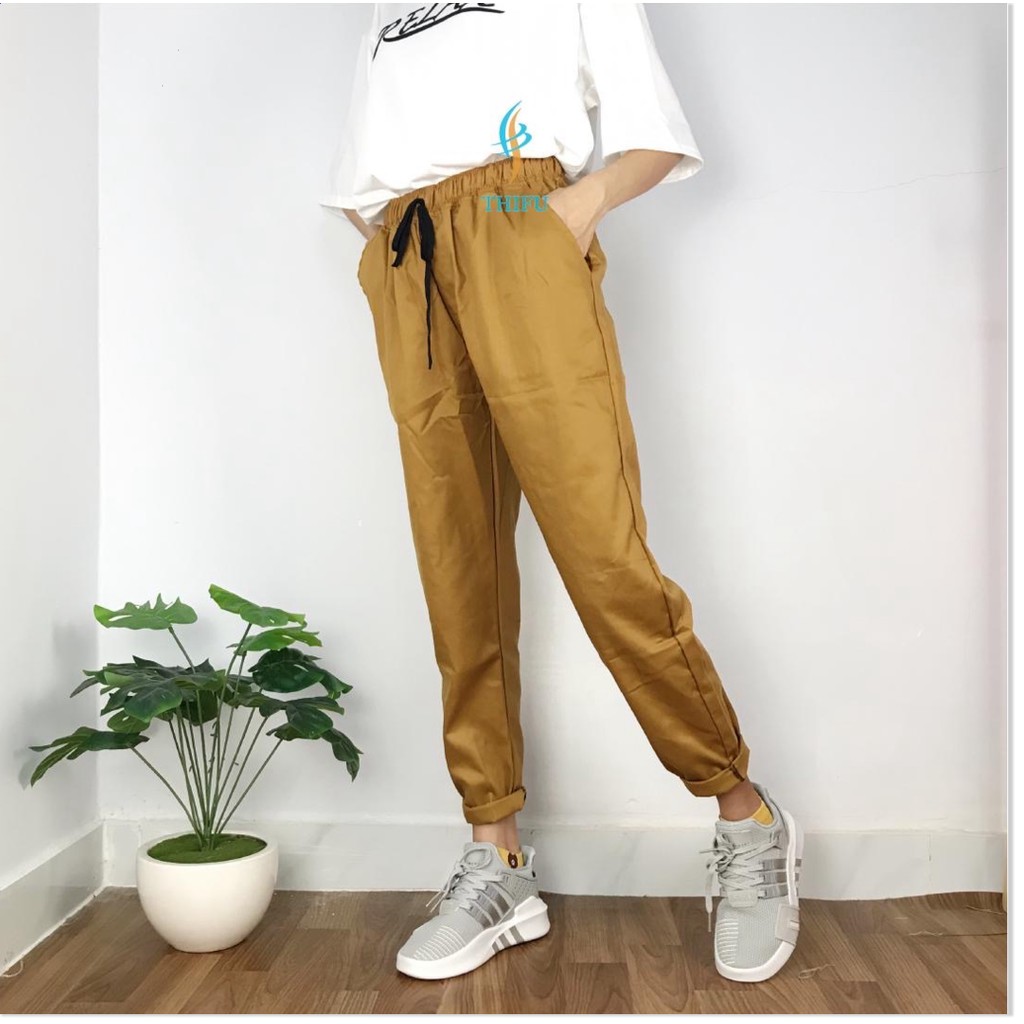 Quần Baggy Kaki Chinos Jogger Teen Nữ Xắn Gấu New Style Phối Nút, Lưng Thun 2 màu Trắng và Vàng Gỗ