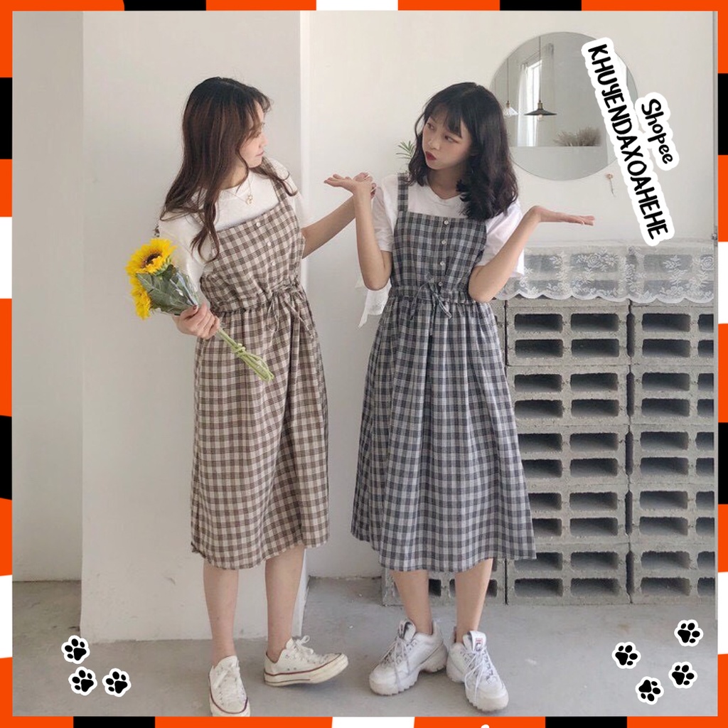 V002 Váy yếm kẻ 2 dây buộc eo ulzzang nhẹ nhàng nữ tính,Váy kẻ caro dáng dài Hàn Quốc cute dễ thương trẻ trung vintage