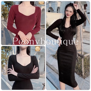 Váy Nhung Tăm Cổ Vuông PEONYB Nữ [FREESHIP] 🌸 Đầm body dáng ôm đẹp, thun dài tay hotgirl bánh bèo Ulzzang 🌸