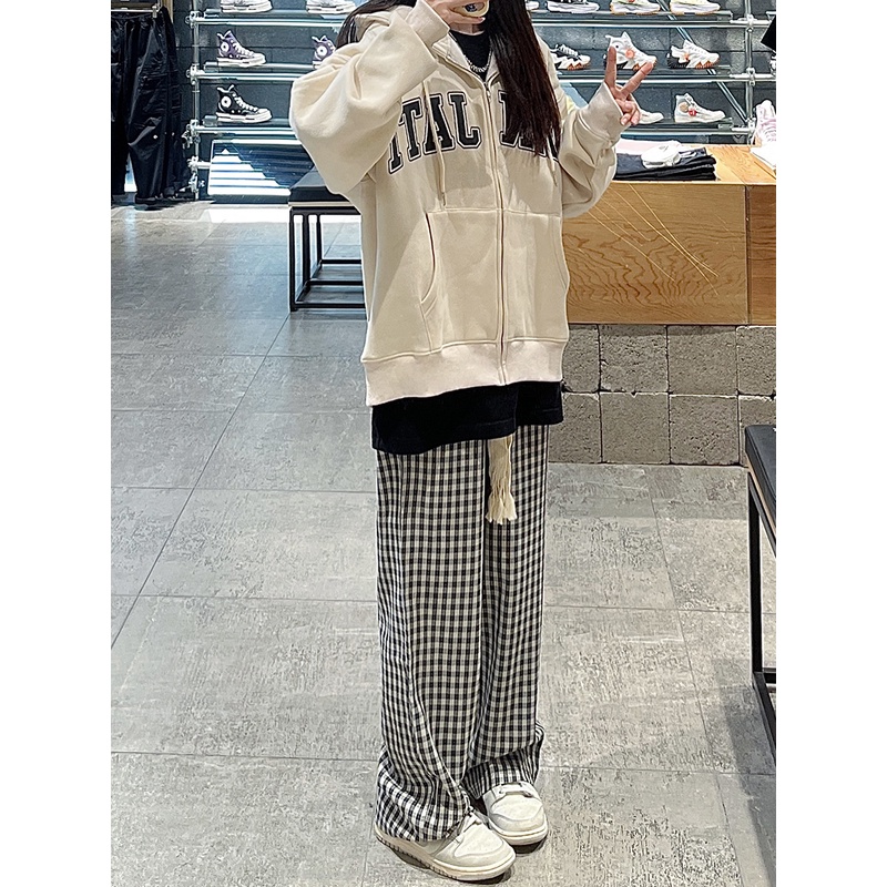 Thời Trang Quần Dài Ống Rộng Họa Tiết Caro Phong Cách retro