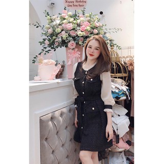 ĐẦM DẠ TWEED ĐEN PHỐI TAY TRẮNG 2 LỚP