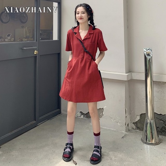 Xiaozhainv Đầm midi tay ngắn dáng rộng màu trơn phong cách Hàn Quốc | BigBuy360 - bigbuy360.vn