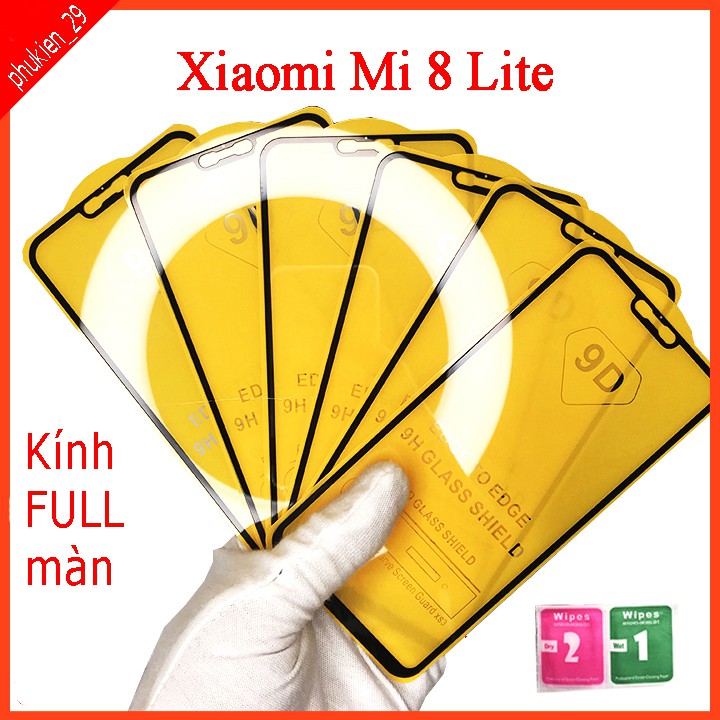 Kính cường lực Xiaomi Mi 8 Lite , Kính cường lực full màn hình, Ảnh thực shop tự chụp, tặng kèm bộ giấy lau kính