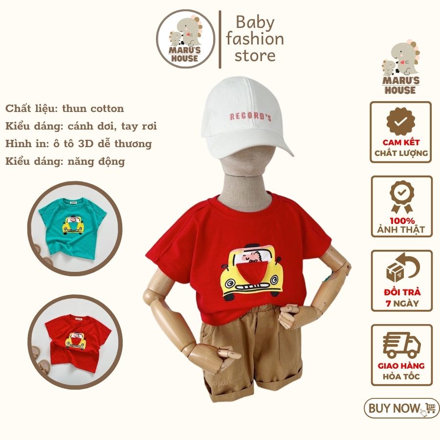 Áo thun bé trai MARUHOUSE họa tiết xe ô tô 3D ngộ nghĩnh , Áo phông cộc tay cho bé cotton mát mẻ đáng yêu