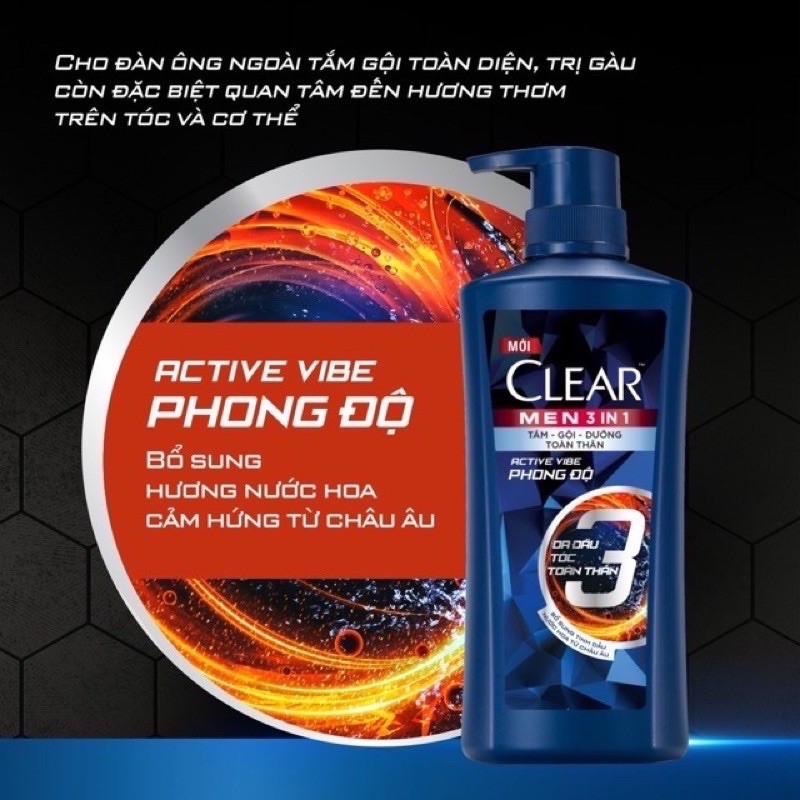 Dầu tắm gội 3 in 1 Clear men cao cấp 650ml