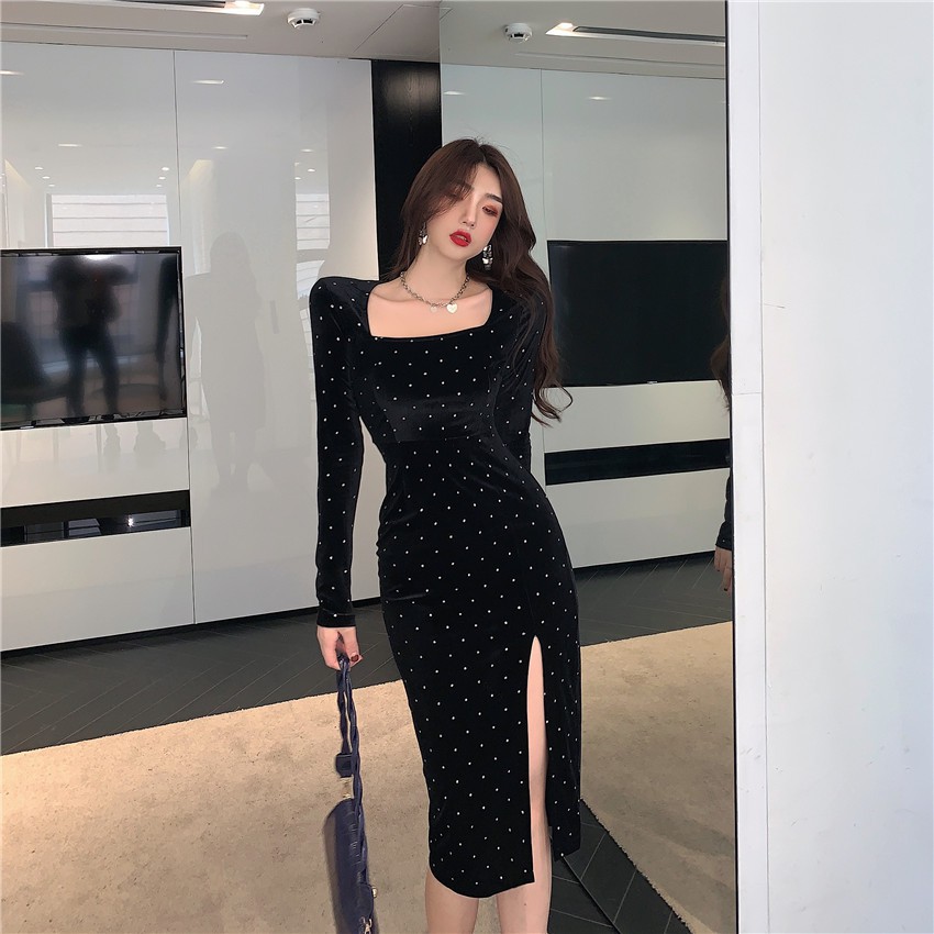 Đầm nhung dáng ôm tay dài in họa tiết chấm bi cho nữ