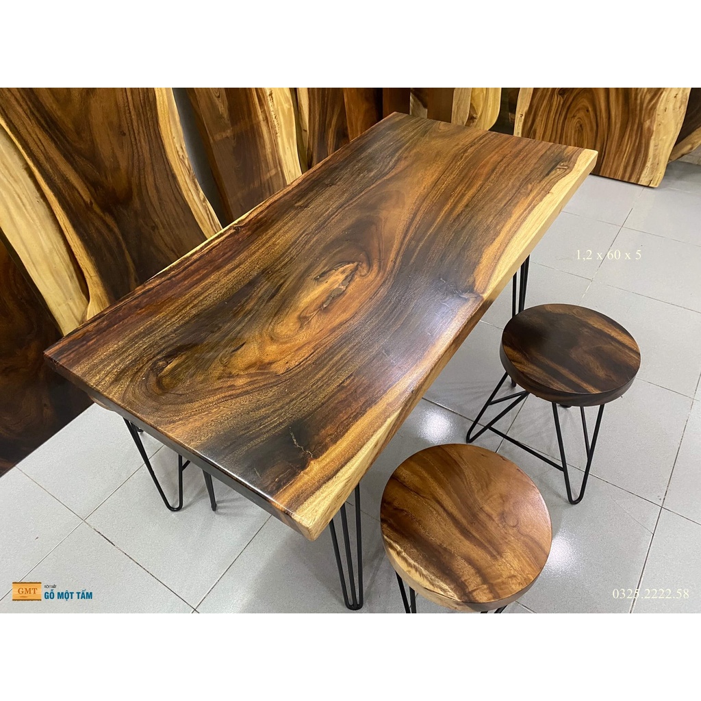 Bàn Ăn Gỗ Me Tây Nguyên Tấm, Bàn Sân Vườn Gỗ Me Tây Dài 1,2m Rộng 60cm Dày 5cm