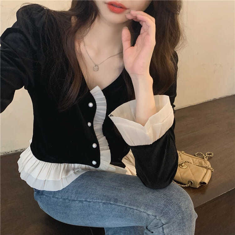 Áo Nhung Dài Tay Phong Cách Retro Pháp Cho Nữ