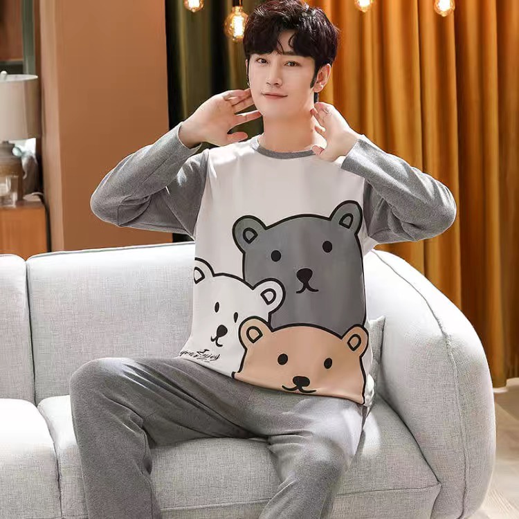 Bộ Đồ Ngủ Cotton Tay Dài In Hình Gấu Hoạt Hình Phong Cách Hàn Quốc Dành Cho Nam