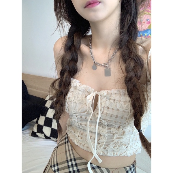Áo hai dây trắng ống nơ đính hoa cúp ng ực lolita croptop hoạ tiết hoa và vải xen kẽ sexy tây âu