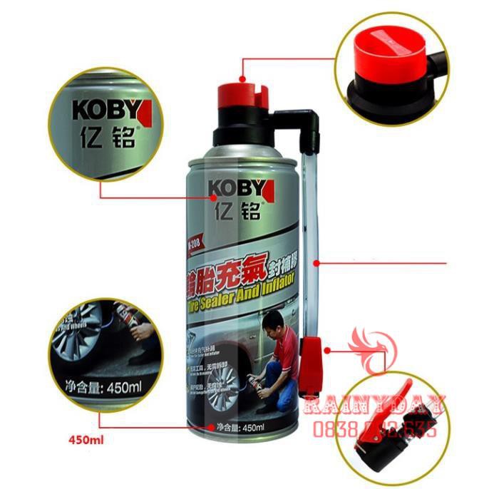 [LOẠI A] Bình chai bơm keo tự vá vỏ lốp bánh xe máy ô tô Koby 450ml khẩn cấp có và không săm thông minh