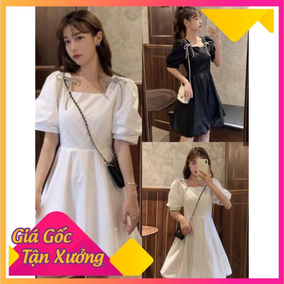XẢ KHO GIÁ SỐC Đầm Nữ Nơ Vai Cổ Vuông Dáng Lỡ Xòe 2 Màu