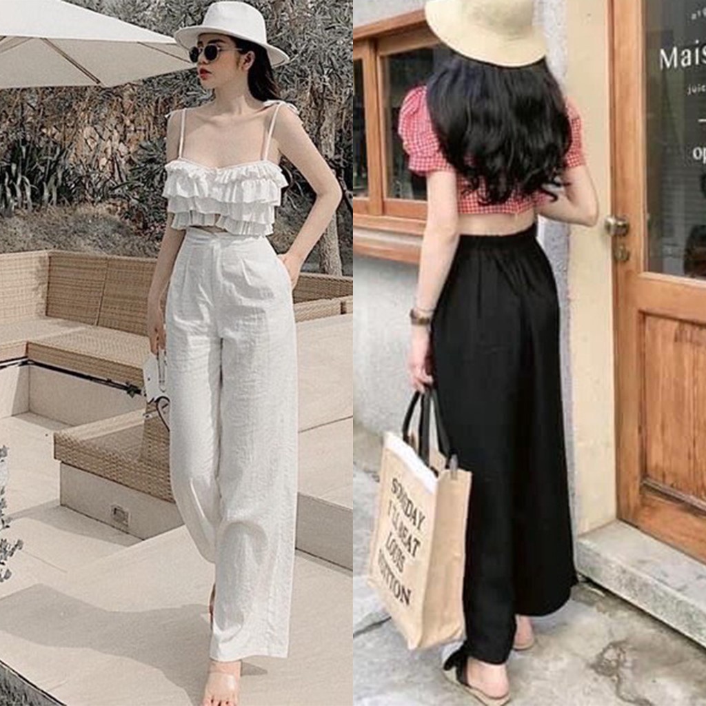 Quần ống rộng nữ vải đũi dáng suống nhiều màu trắng đen be, Quần suông ống rộng nữ cạp lưng cao Geleva GE913