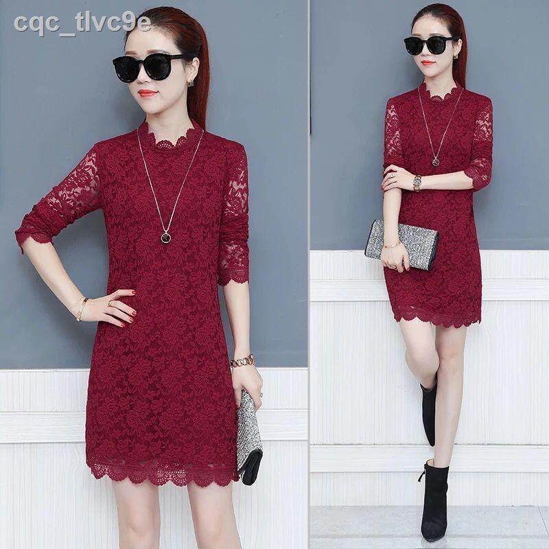 Autumn and winter large size high neck long-sleeved lace shirt plus velvet padded top Mid-length bottoming women s dress | BigBuy360 - bigbuy360.vn