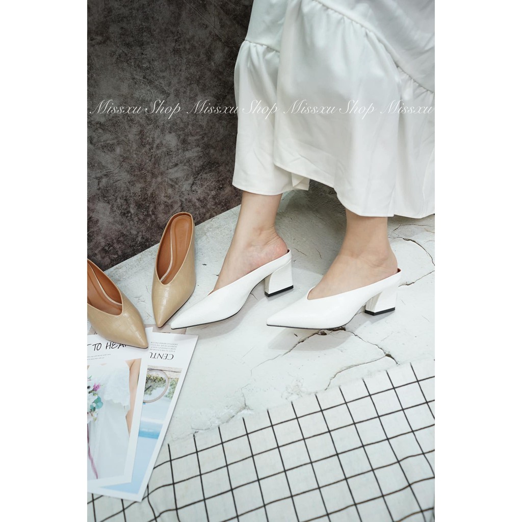 Giày sục nữ mules mũi nhọn da lì gót trụ 5cm thời trang MYSS - SU103