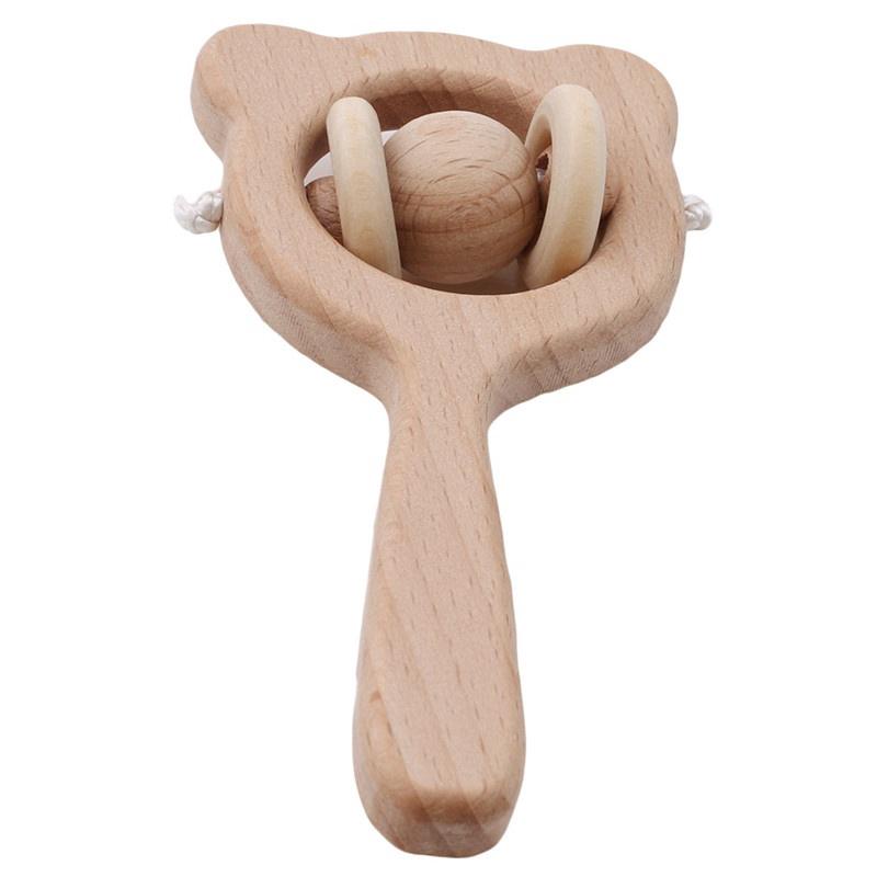 Wood Bear Hand Teething Wooden Ring Chew Beads Baby Rattles Play Stroller Toy