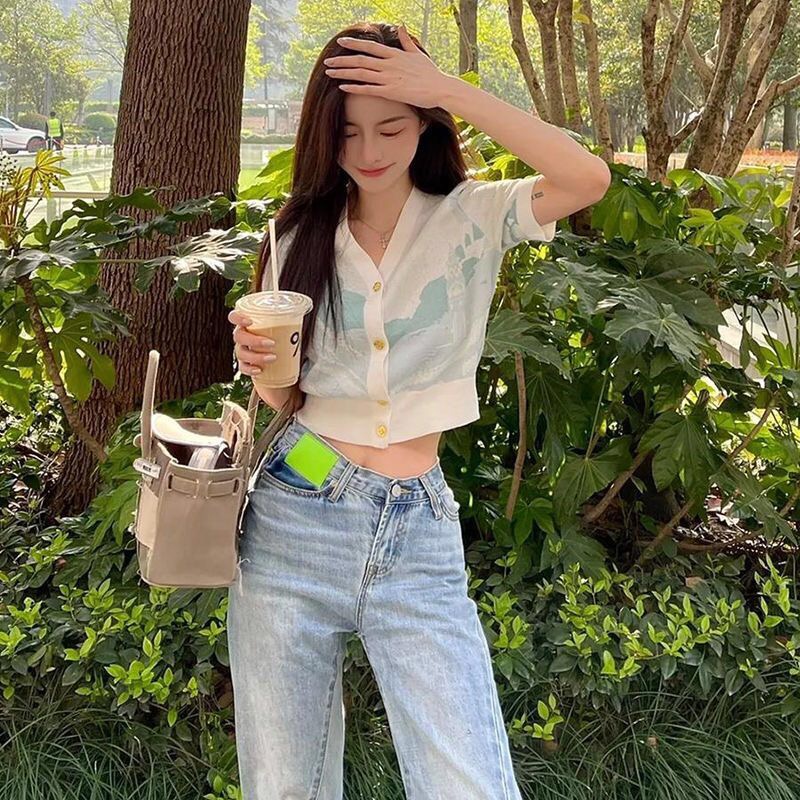 Xiaozhainv Áo cardigan Ngắn Tay Cổ Chữ V Thêu Họa Tiết Màu Sắc Tương Phản retro Cho Nữ