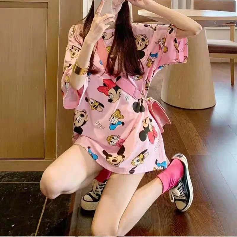 Áo Thun Ngắn Tay In Họa Tiết Hoạt Hình Ngộ Nghĩnh Dành Cho Nữ đồ ngủ Váy ngủ pyjamas pijama nam nữ mùa hè đồ đôi pijama ngắn lụa satin dễ thương bigsize đồ mặc nhà cao cấp