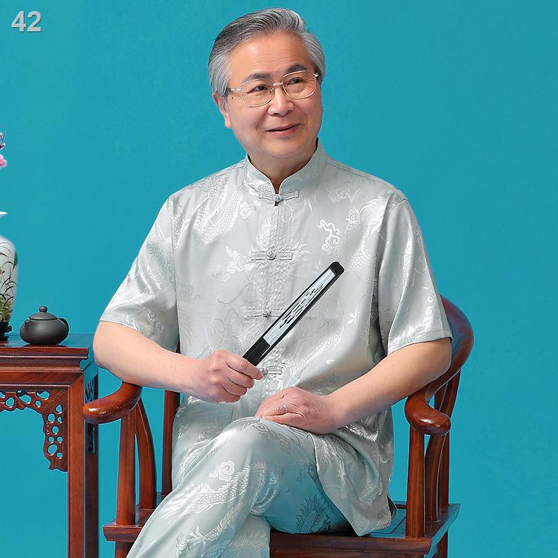 Tang suit cho người trung niên và cao tuổi Bộ đồ lụa băng ngắn tay bố phù hợp với mùa hè Quần áo nam phong cách