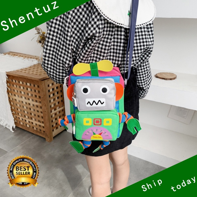 Túi Đeo Chéo Vải Canvas Có Khóa Kéo Họa Tiết Hoạt Hình Robot Thời Trang Cho Bé Trai Và Gái