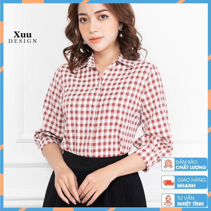 Áo sơ mi nữ Xuu Design, Áo kiểu nữ tay lỡ kẻ caro chất Kate cao cấp Xu02
