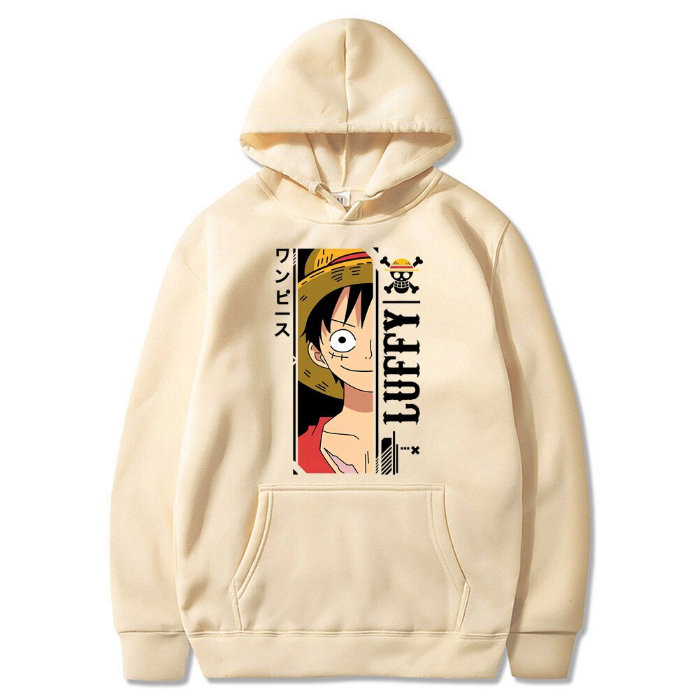 Áo hoodie chui đầu tay dài dáng rộng lót nhung in hình nhân vật One Piece Luffy thời trang cho nam cặp đôi