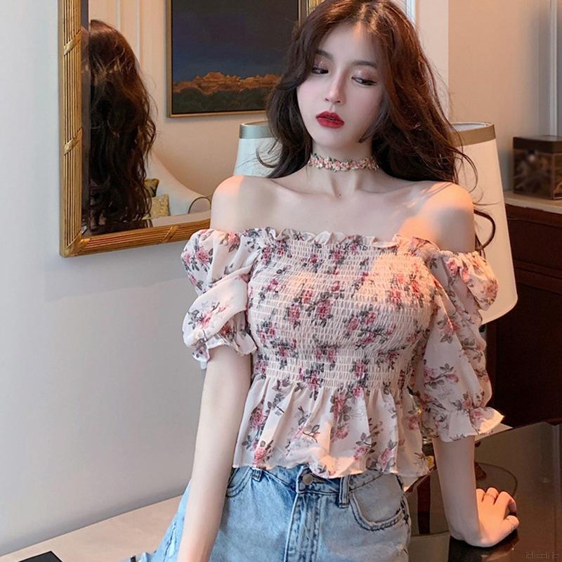 Áo voan croptop hoạ tiết hoa thiết kế trễ vai quyến rũ