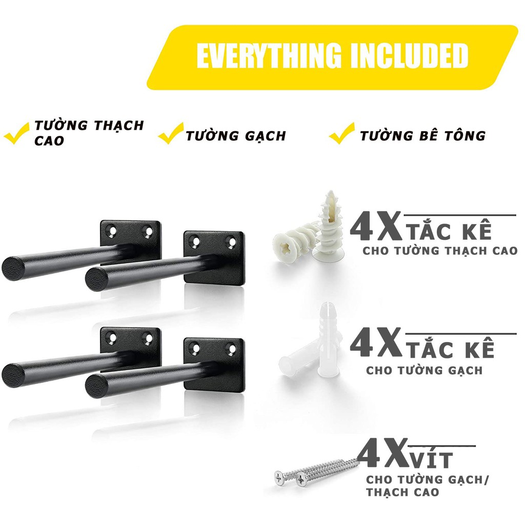 Bộ 2 chốt âm kệ treo tường, pát âm đỡ kệ trang trí bằng thép đặc 15cm kèm phụ kiện vít tắc kê