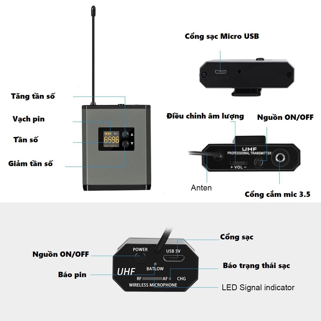 Micro không dây đeo tai hạt gạo màu da dùng pin sạc, sóng UHF