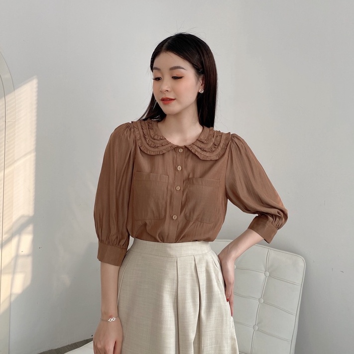 Áo sơ mi tay lỡ FANSIX - A13 sơ mi công sở phối cổ bèo nữ tính, chất vải lụa Hàn mềm mại | BigBuy360 - bigbuy360.vn