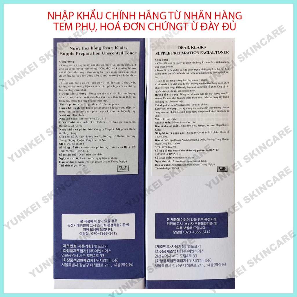 Nước hoa hồng Klairs Supple Preparation Unscented Toner 180ml