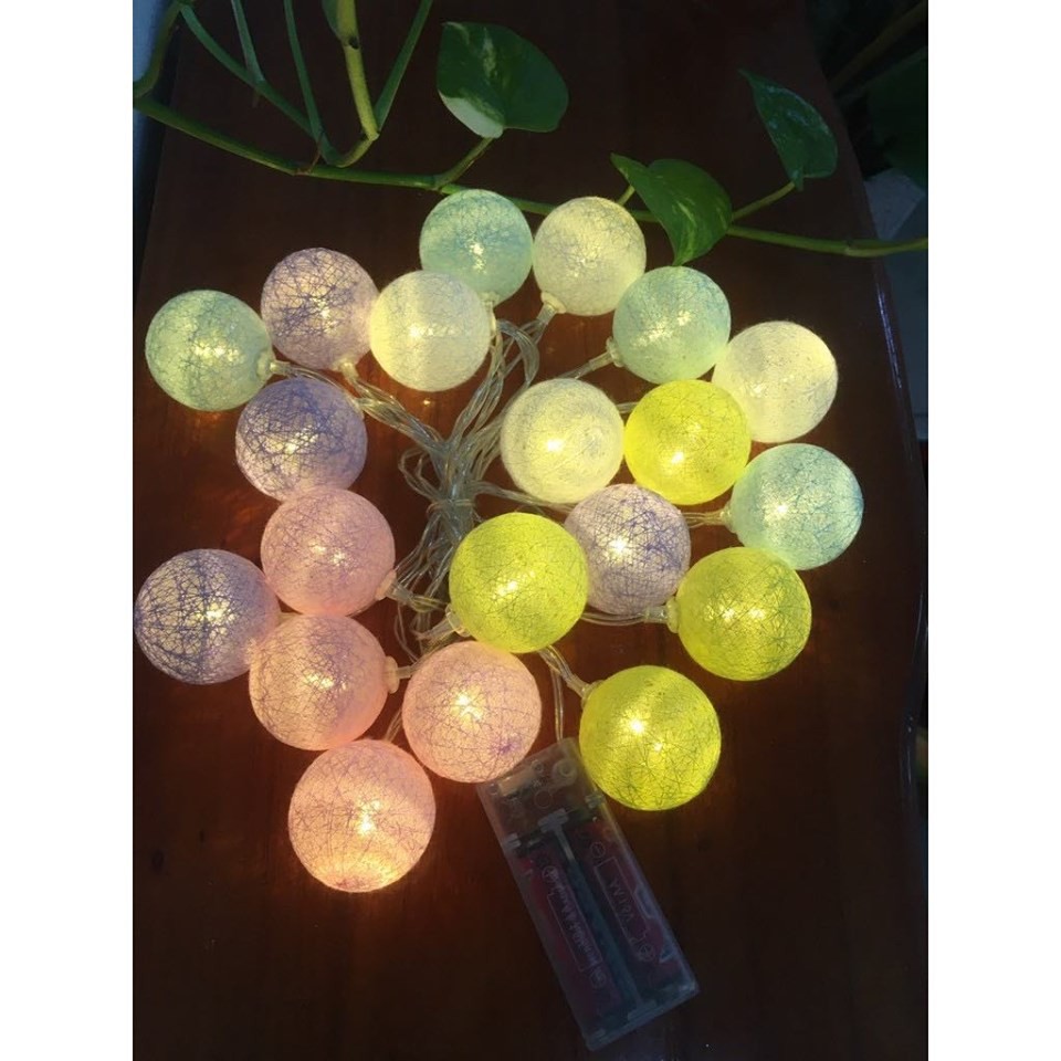 (Xài pin AAA) Đèn led dây trang trí tiệc đèn 4m 20 bóng đèn tròn 4cm ánh sáng vàng ấm không chớp nháy