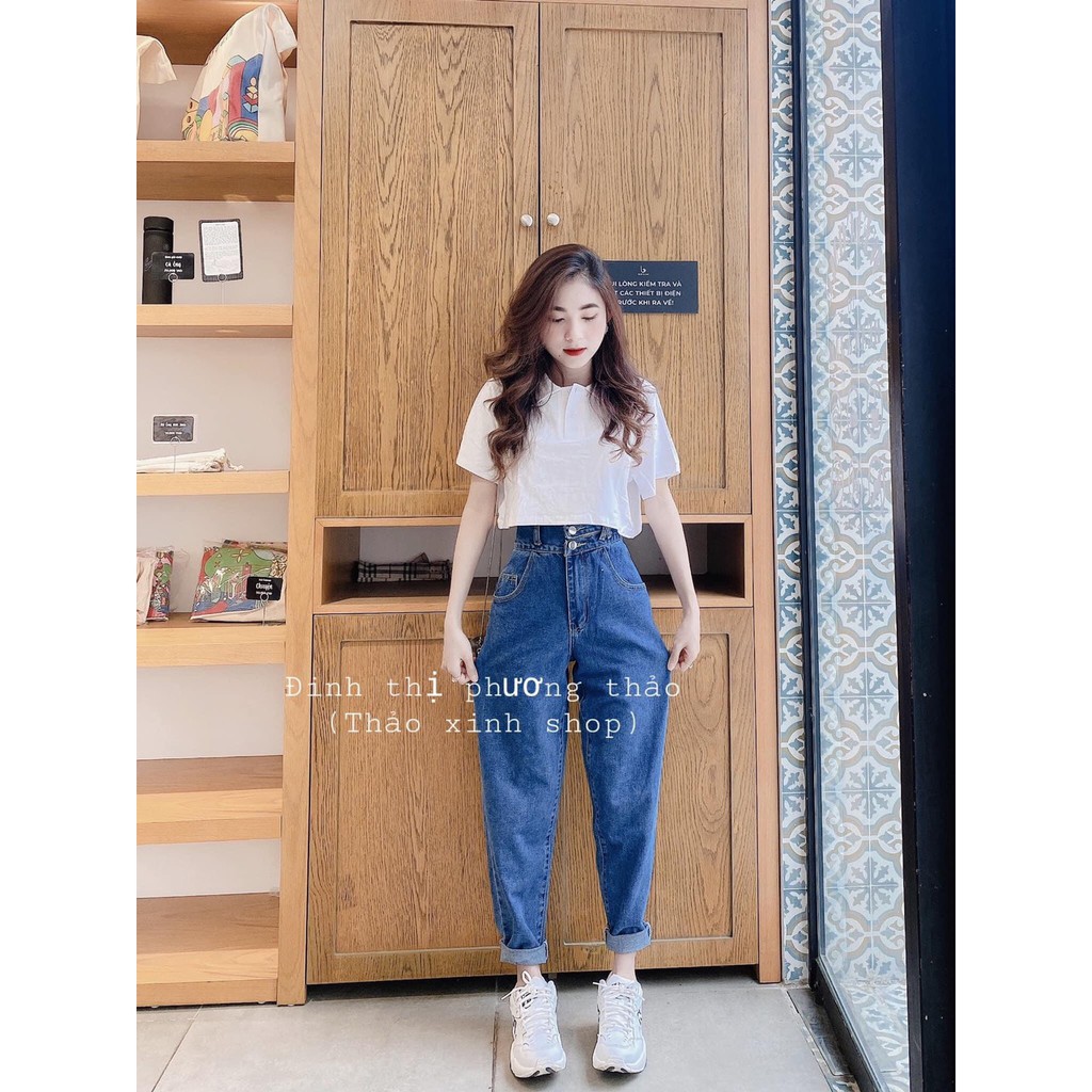 Quần baggy jean nữ JohnsonLi lưng cao, dáng rộng , ống suông, kết hợp nắp túi đai, 2 màu | BigBuy360 - bigbuy360.vn