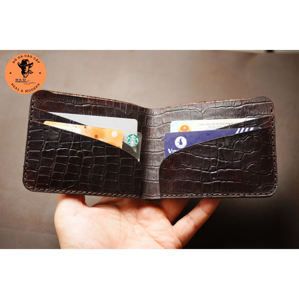 Ví nam Da Bò Ram Leather Simple Vân Cá Sấu Màu Nâu Đậm