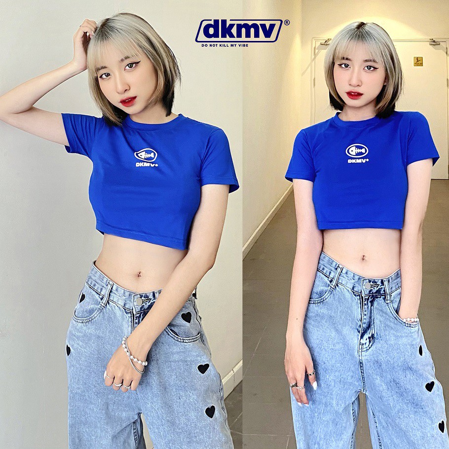 Áo croptop nữ ôm tay ngắn màu xanh DKMV - Croptop ôm ngắn tay Blue Basic