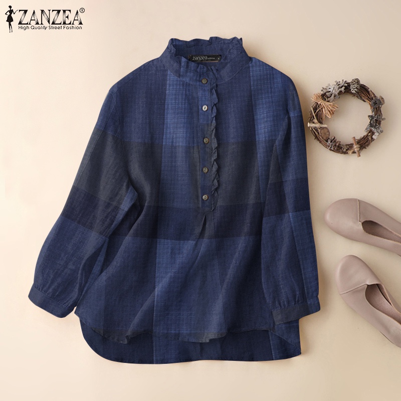 Áo kiểu Zanzea tay dài cổ tròn họa tiết kẻ sọc caro phong cách vintage dành cho nữ