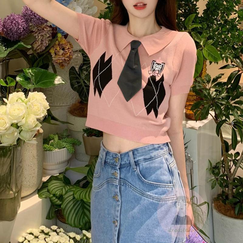 Áo Thun Dệt Kim Ngắn Tay Cổ Bẻ Thêu Họa Tiết Hình Thoi Có Cà Vạt Cho Nữ