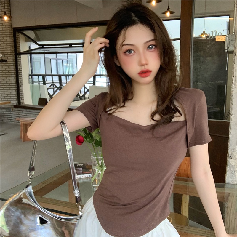 Áo Thun Tay Ngắn Cổ Vuông Ôm Dáng Dễ Phối Đồ Hợp Thời Trang