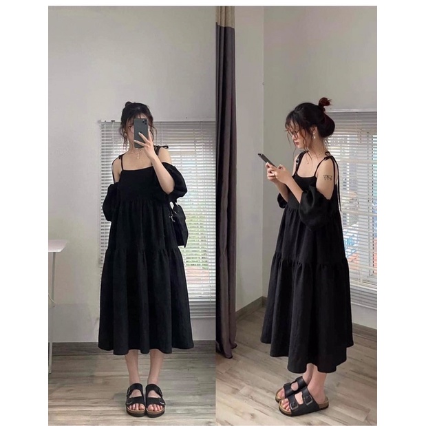 [Ảnh thật/Video]Đầm hai dây mặc được ba kiểu Hàn Quốc