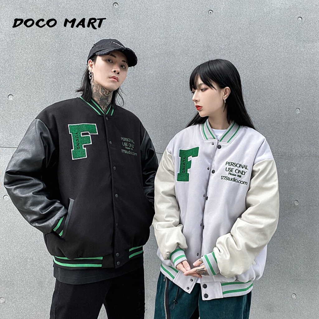 Áo khoác varsity jacket bomber bóng chày unisex nam nữ chất liệu kaki phối tay da