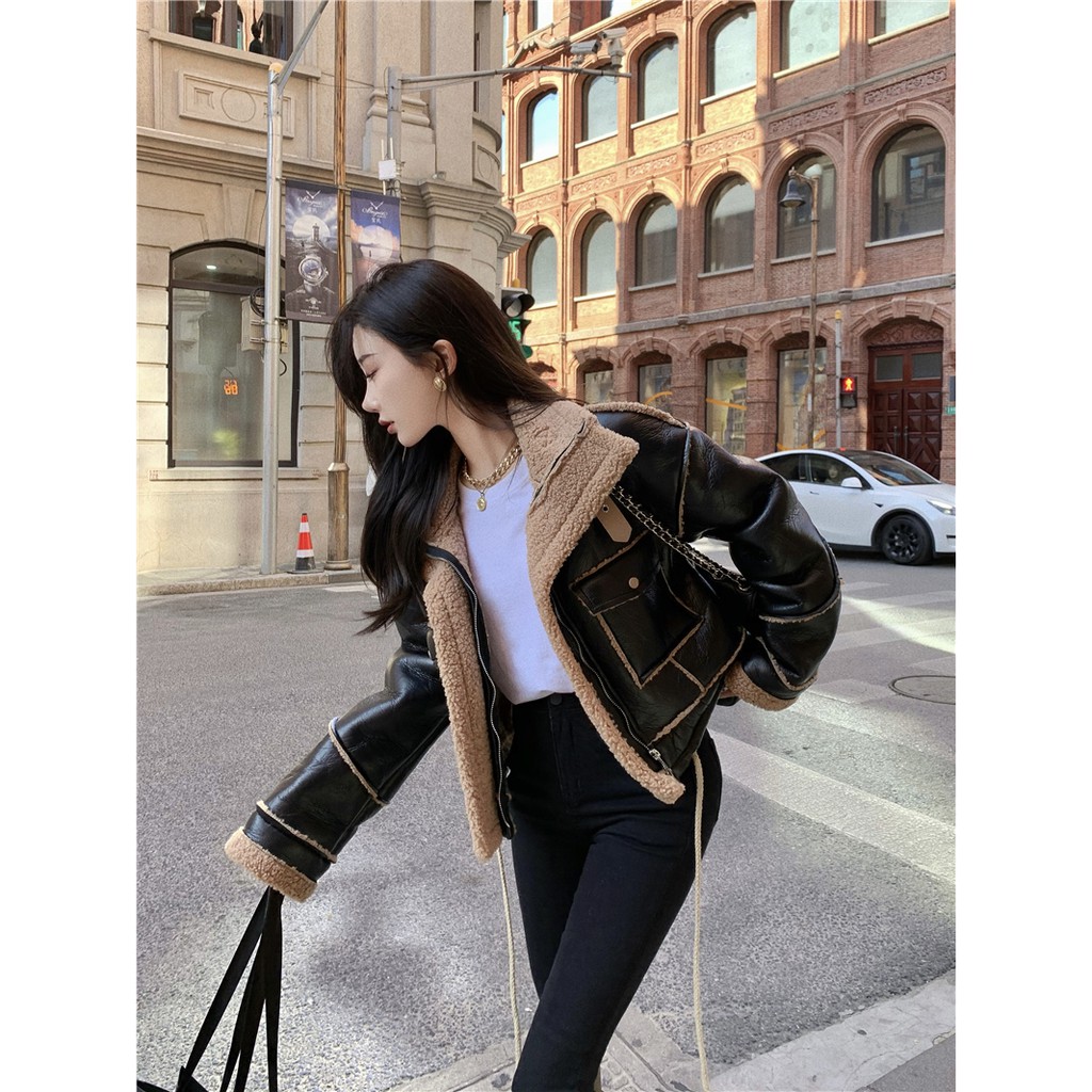 Áo khoác da phối lông hàng Quảng Châu cao cấp thu đông khí chất đầu xu hướng 2021
