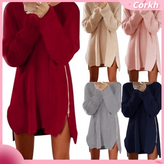 Chic Autumn Women Solid Color Long Sleeve Zipper Slit Side Loose Sweater Dress