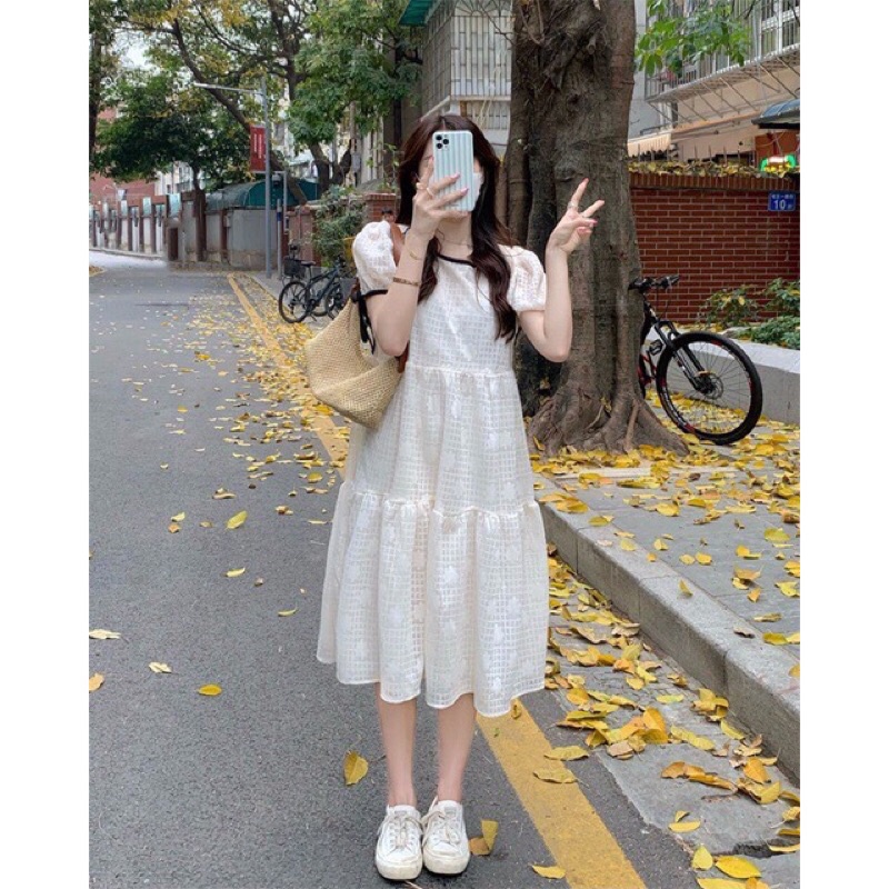 Váy babydoll ren hoa viền đen tay nơ dáng xoè Pea Store