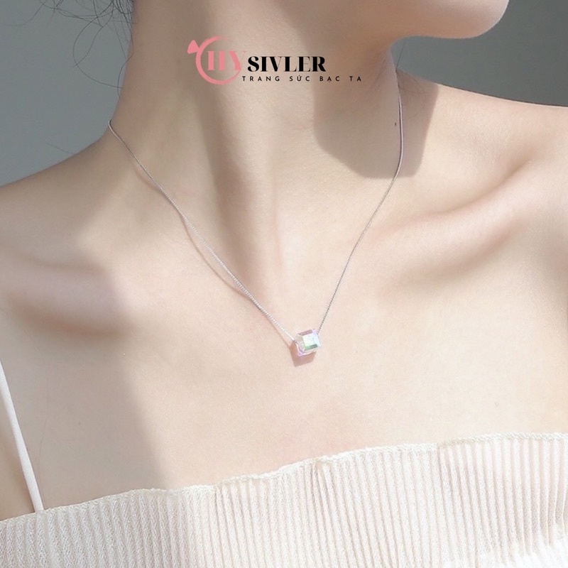 Dây chuyền bạc đá lập phương pha lê 7 màu đá 8 ly dây chuyền nữ bạc thật giá rẻ