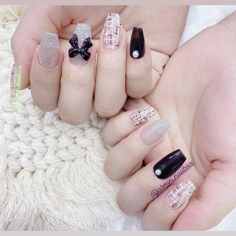 [Mã NHUQAD giảm 10% đơn 100k][NAIL BOX] Nailbox móng úp thiết kế sẵn mẫu vải dạ flash charm nơ
