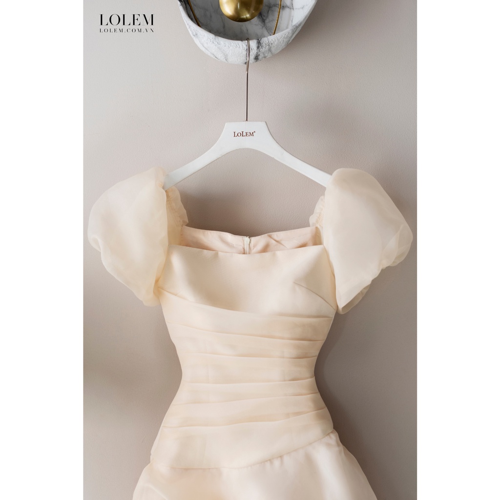 Đầm cổ vuông LOLEM DX340 dáng xòe vải organza phối linen không nhăn thoáng mát