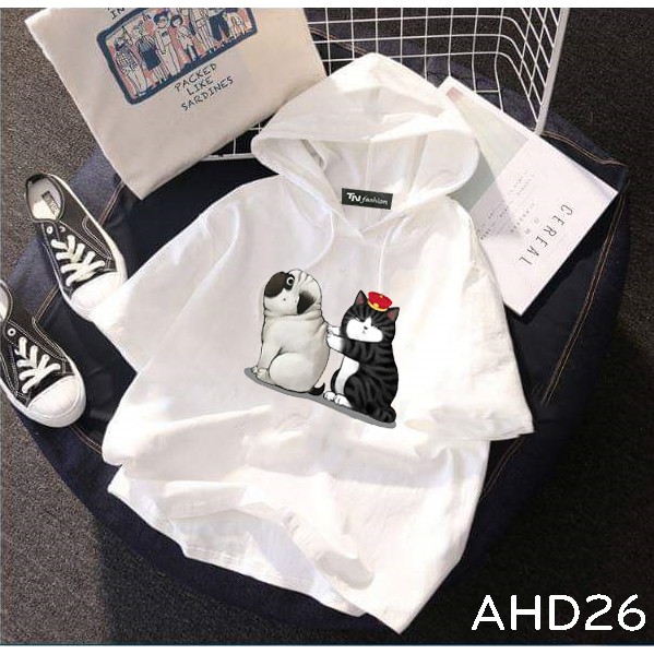 AHD26 Áo thun teen nam nữ HOODIE TAY LỠ CÓ NÓN hình mèo hoàng thượng và chó pu