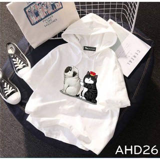 AHD26 Áo thun teen nam nữ HOODIE TAY LỠ CÓ NÓN hình mèo hoàng thượng và chó pu